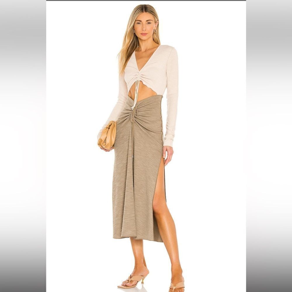 Song of Style Ezra Midi Dress Ivory Green Midi ribbed knit cut out Revolve M